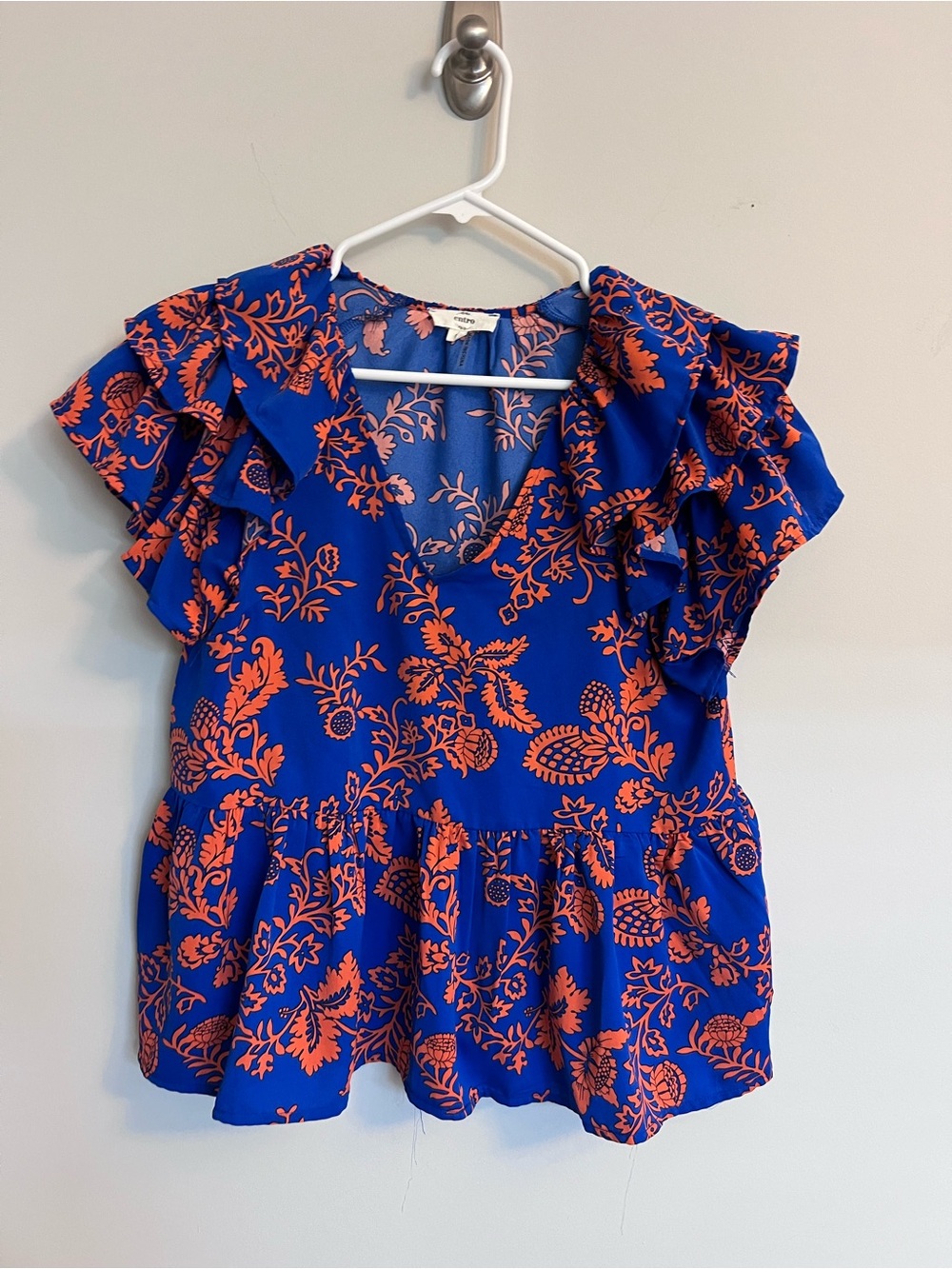 entro Blue Ruffle V-Neck Top with Orange Floral Print